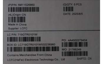 Lenovo 5M11S26860 MECH_ASM FRU KBD WC HBW BL(CHY)US BK